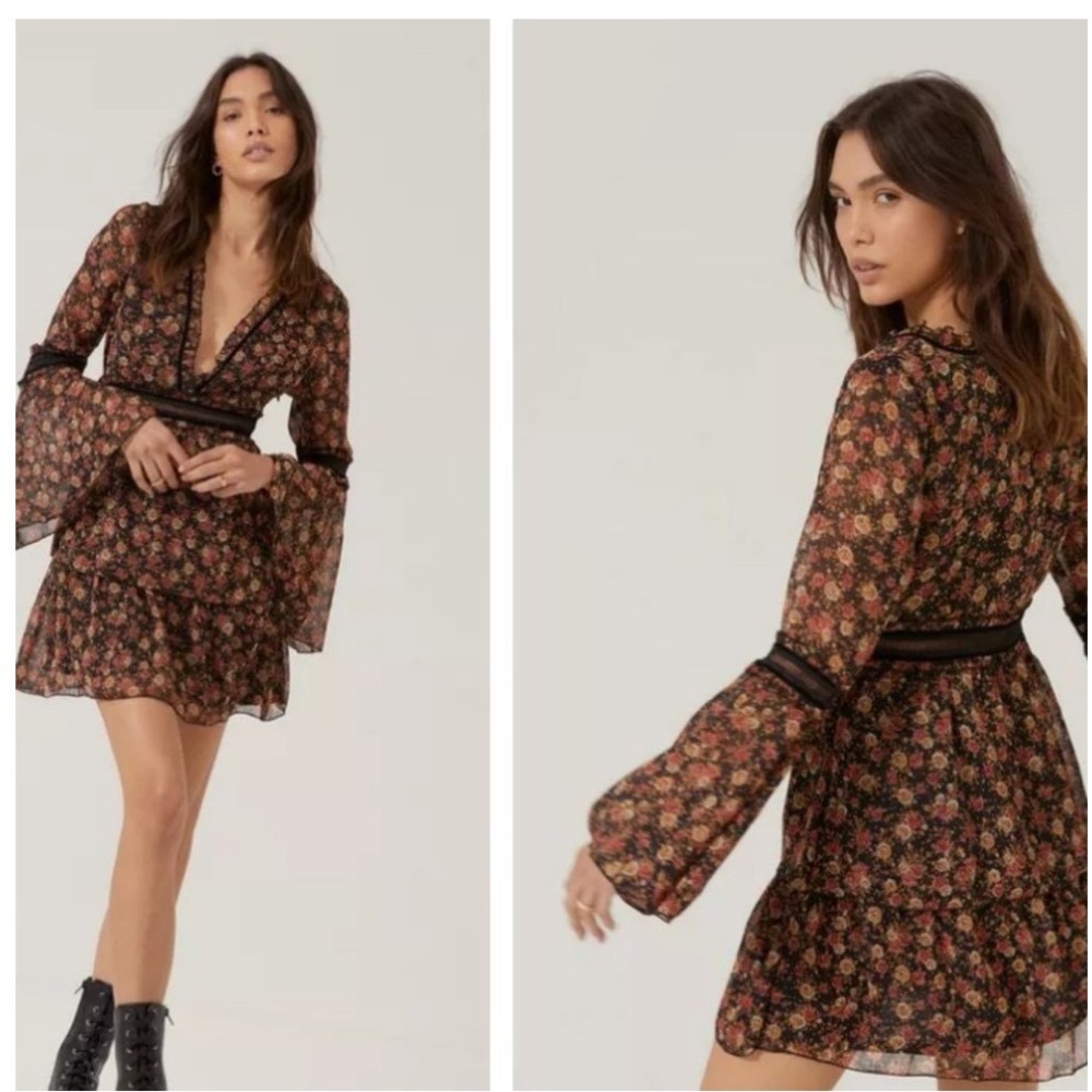 Nasty Gal Collection Floral Mini Dress Bell Sleeve Boho Black Gold US 2 - Picture 3 of 11